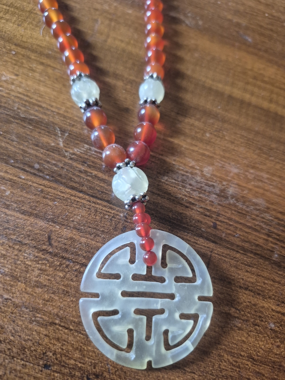 Handcrafted Red Agate Bead Necklace with Jade Pendant - Picture 3 of 8